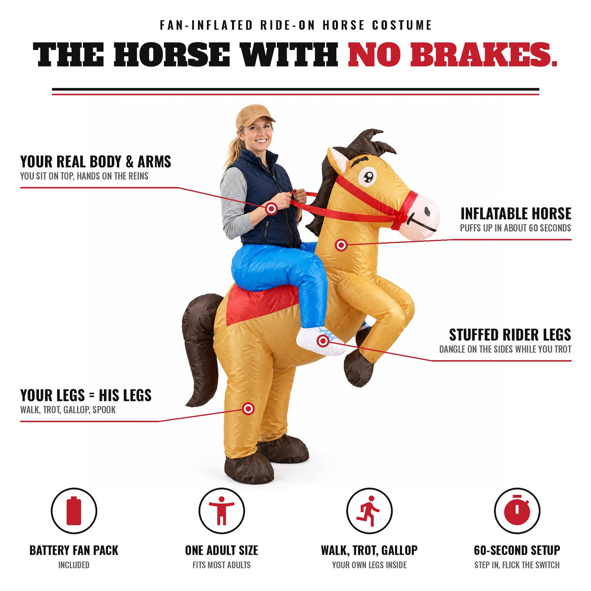 Horseflatable inflatable ride-on horse costume features: the horse with no brakes