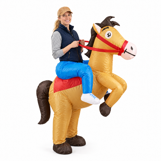 Woman wearing the Horseflatable inflatable ride-on horse costume, front view