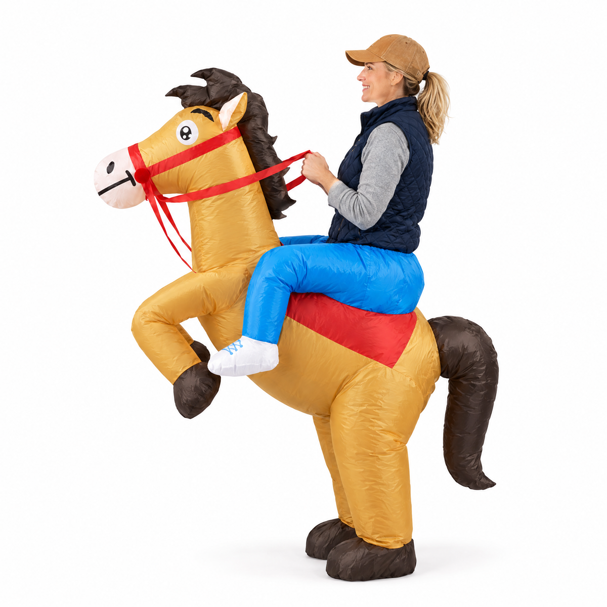 Inflatable ride-on horse costume, side view